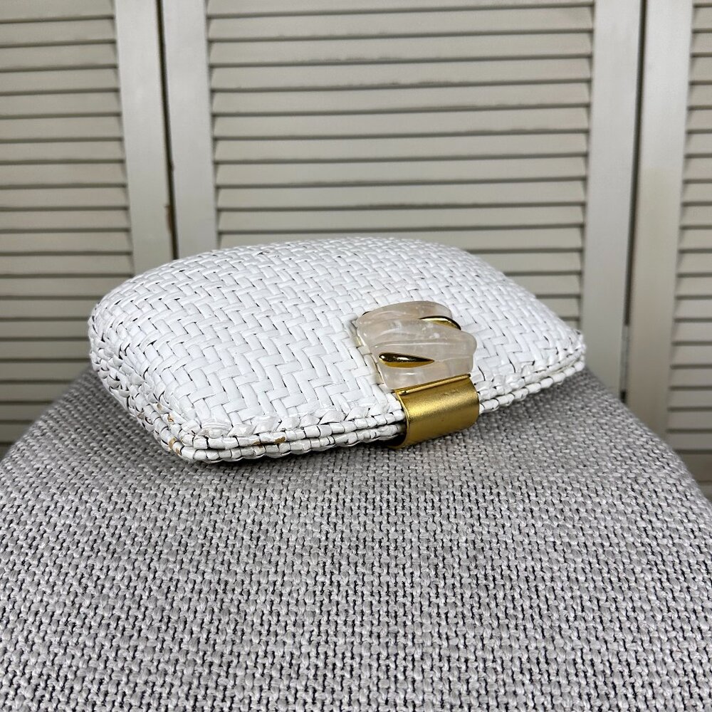 Vintage RODO Italy White Glazed Wicker Woven Evening Bag Clutch Leather Lined - Picture 5 of 8